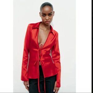 NWT ZARA SATIN EFFECT SHIRT WITH TIES RED